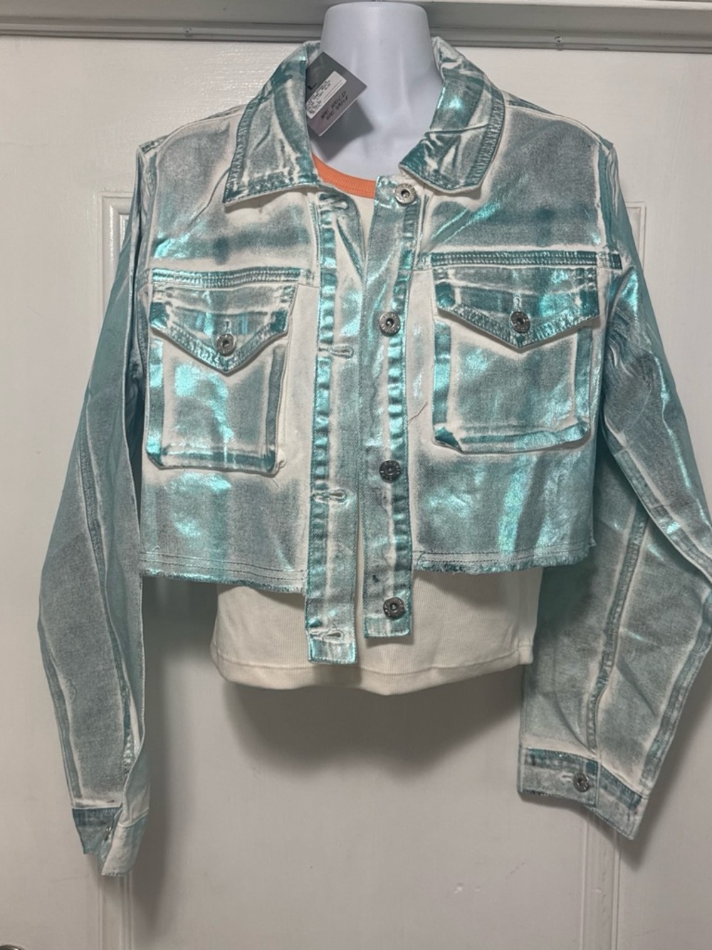 Cape Robbin Metallic Aqua Cropped Jean Jacket